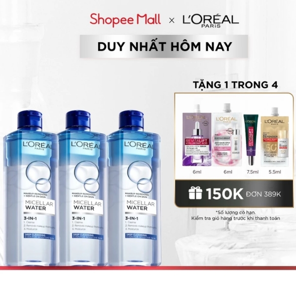 Bộ 3 nước tẩy trang đa năng 3-in-1 L'Oreal Paris Micellar sạch sâu 400ml x 3