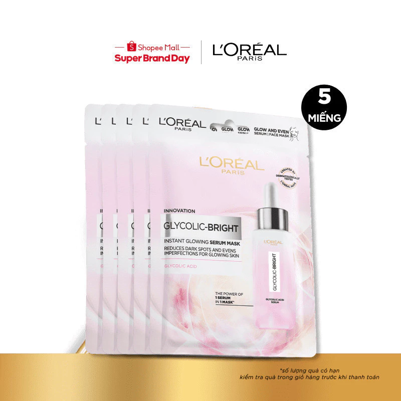 Bộ 5 mặt nạ dưỡng sáng mờ thâm nám L'Oreal Paris Glycolic (AHA) Bright 22gx5