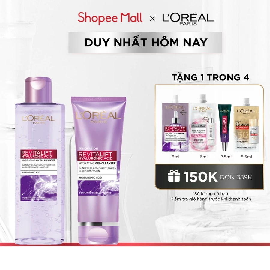 Bộ nước tẩy trang 400ml & sữa rửa mặt 100ml căng mượt giảm nếp nhăn Hyaluronic Acid L'Oreal Paris