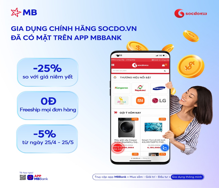 Gia dụng chính hãng Sóc Đỏ có mặt trên App MB Bank