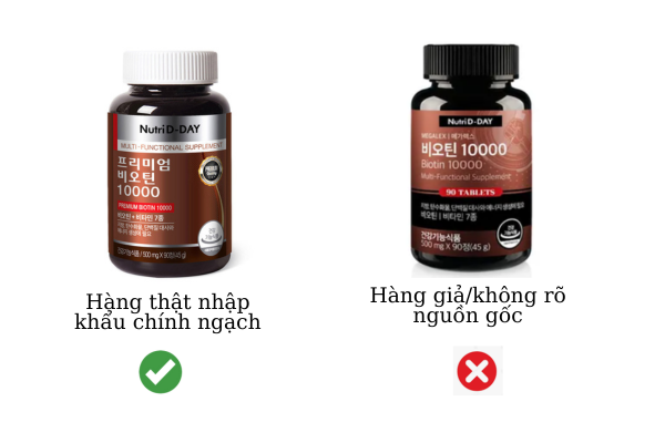 Phân biệt sản phẩm PREMIUM Biotin 10000 Nutri D-Day thật giả/không rõ nguồn gốc