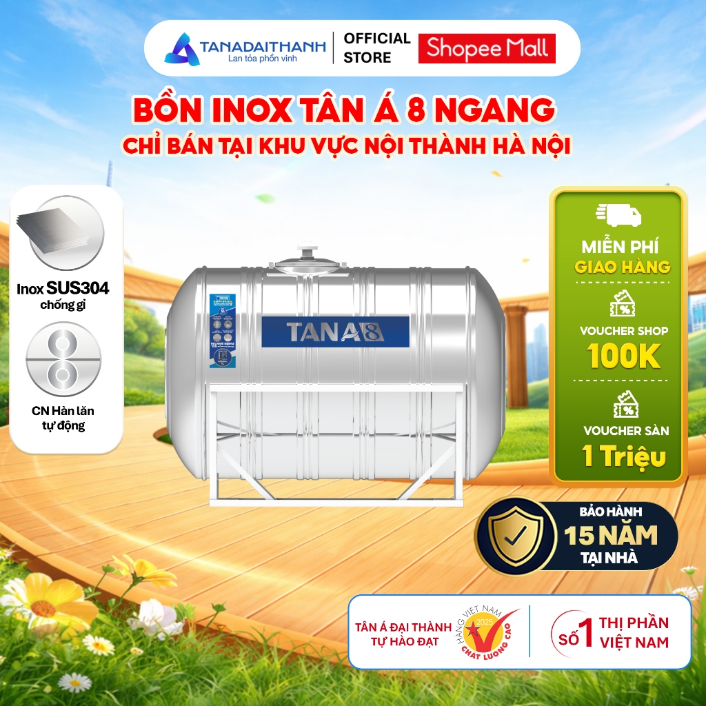 [GIAO NỘI THÀNH HN] Bồn nước inox Tân Á 8 Ngang 500N 1000N 1500N 2000N - Chính hãng, Bảo hành 15 năm