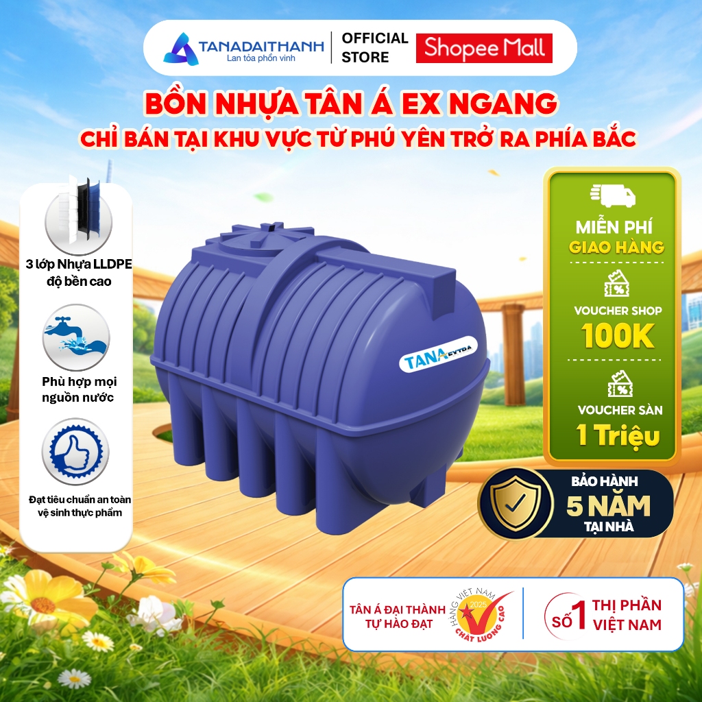 [GIAO MIỀN BẮC] Bồn nước nhựa Tân Á Ex Ngang 500N 1000N 1500N 2000N - Chính hãng, Bảo hành 5 năm, Chỉ bán miền Bắc