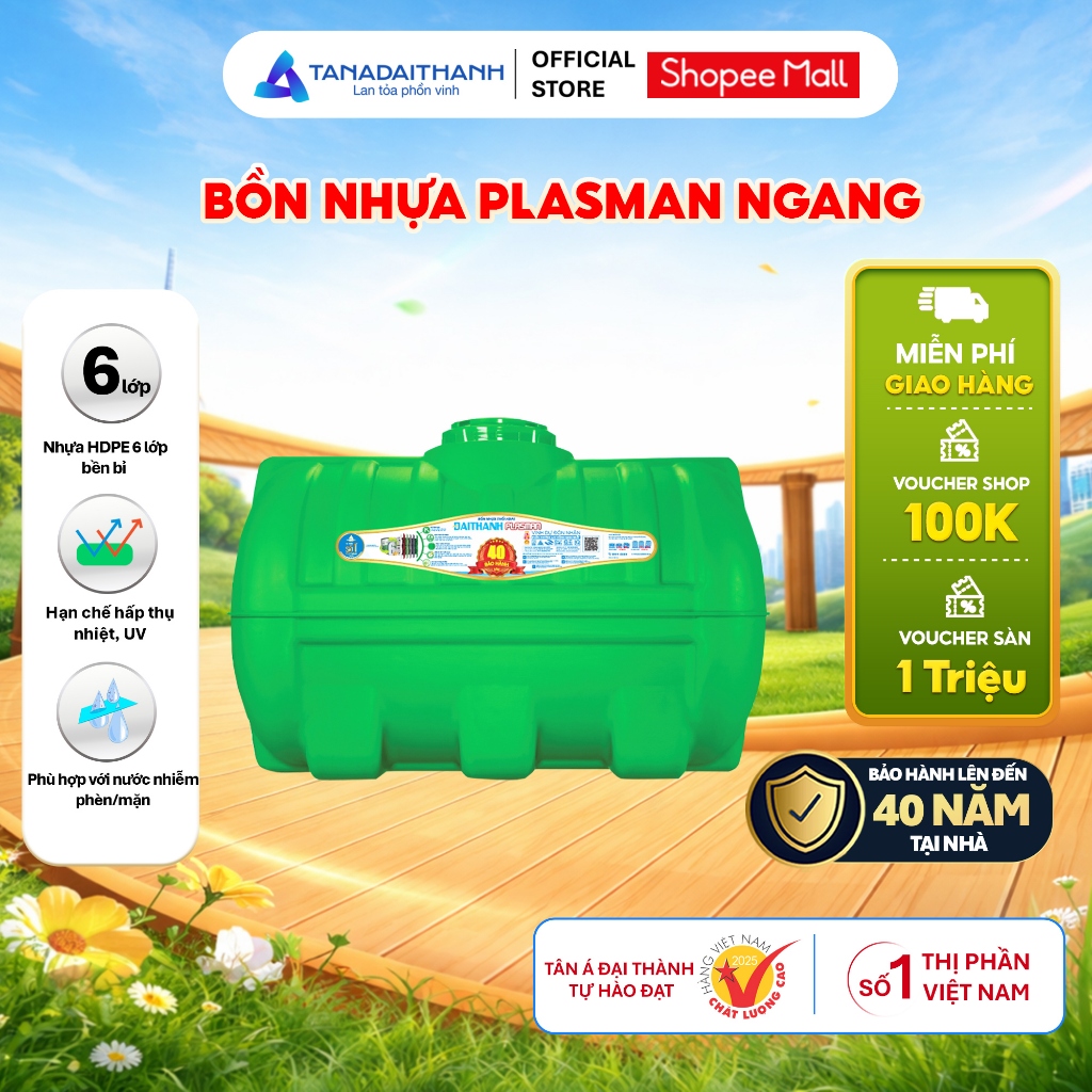 [GIAO TOÀN QUỐC] Bồn nước nhựa Tân Á Đại Thành Plasman Ngang 500N 1000N - Chính hãng, Bảo hành 20-40 năm