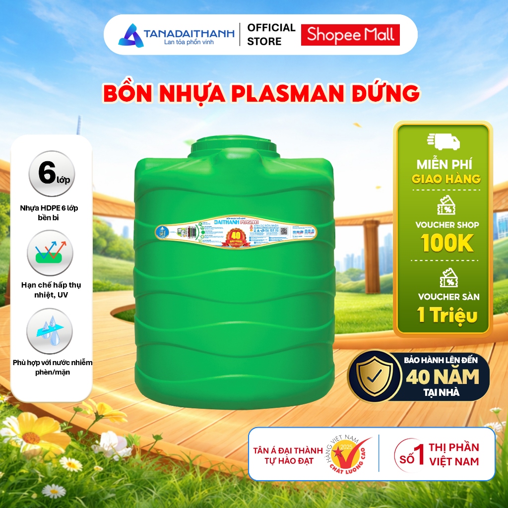 [GIAO TOÀN QUỐC] Bồn nước nhựa Tân Á Đại Thành Plasman Đứng 500D 1000D 1500D 2000D - Chính hãng, Bảo hành 20-40 năm