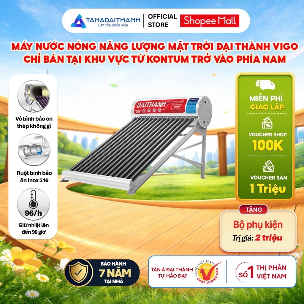 [GIAO LẮP MIỀN NAM] Máy nước nóng Năng lượng mặt trời Đại Thành Vigo 130L 160L 180L 210L - Chính hãng, BH 7 năm