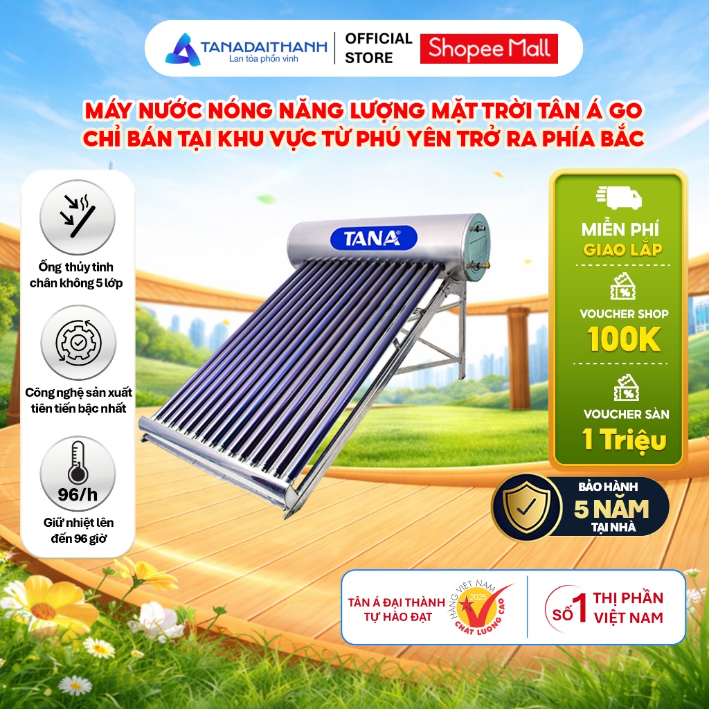[GIAO LẮP MIỀN BẮC] Máy nước nóng Năng lượng mặt trời Tân Á GO 130L-300L - Chính hãng, BH 5 năm