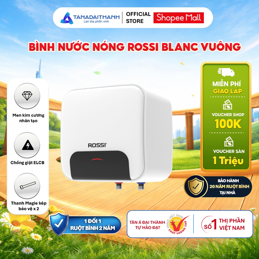 [GIAO LẮP TQ] Bình nóng lạnh gián tiếp Rossi Blanc Vuông (15/20/30 Lít) - Chính hãng, Bảo hành ruột 20 năm