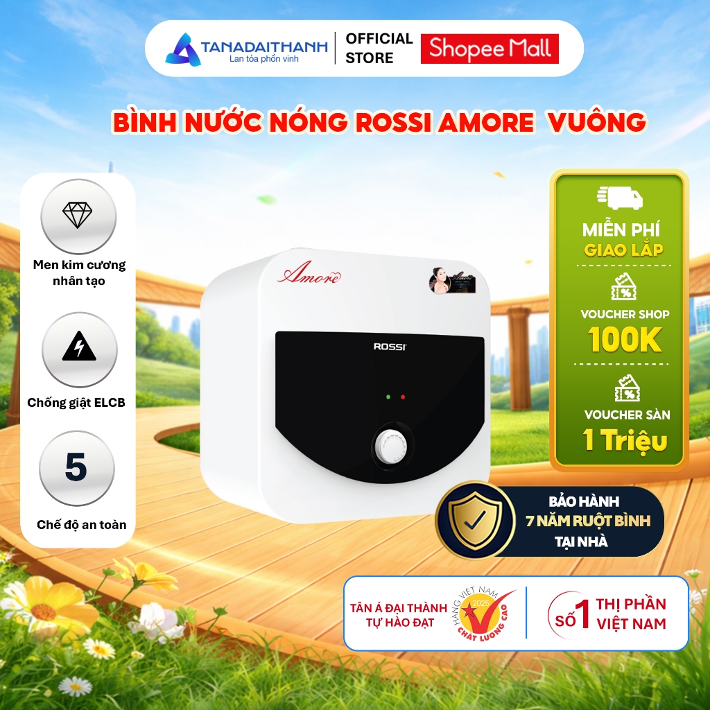 [GIAO LẮP MIỀN BẮC] Bình nóng lạnh gián tiếp Rossi Amore Vuông (15/20/30 Lít) - Chính hãng, Bảo Hành 7 năm