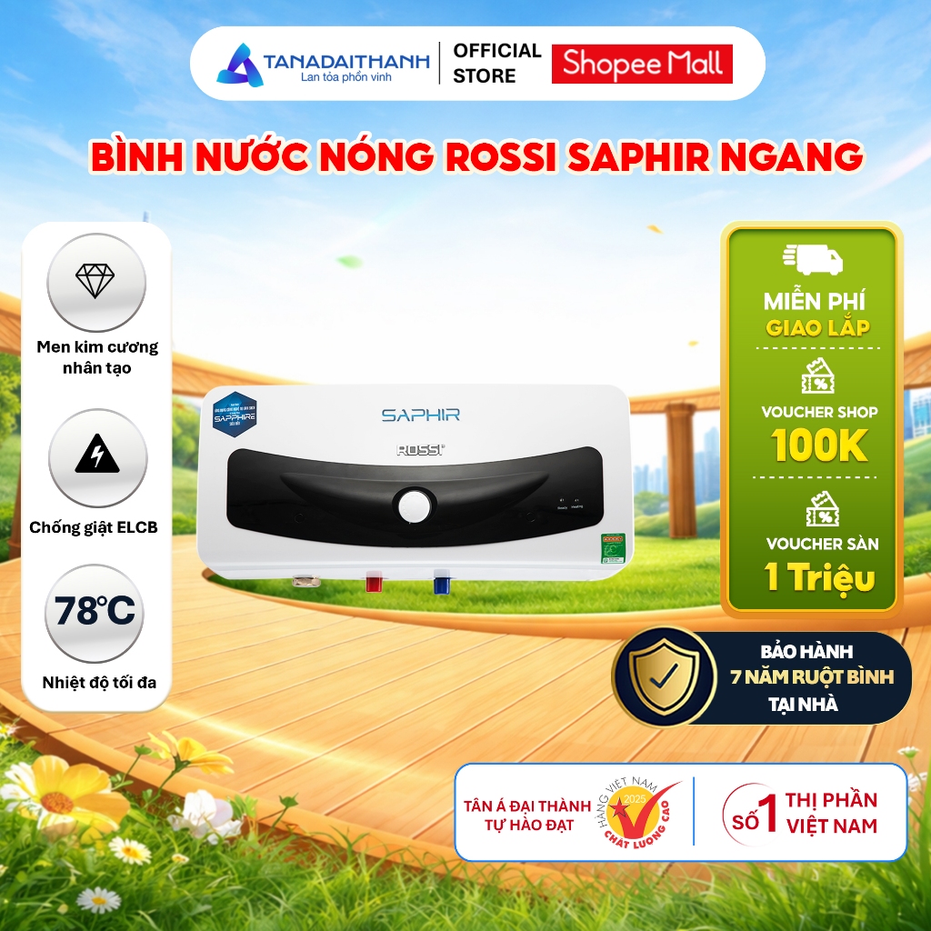 [GIAO LẮP MIỀN BẮC] Bình nóng lạnh gián tiếp Rossi Saphir Ngang (15/20/30 Lít) - Chính hãng, Bảo Hành 7 năm