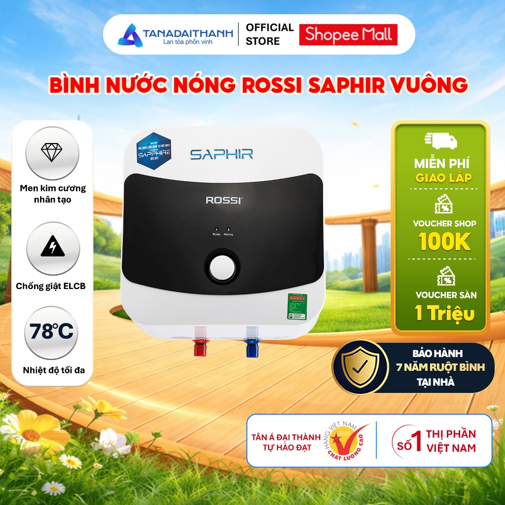 [GIAO LẮP MIỀN BẮC] Bình nóng lạnh gián tiếp Rossi Saphir Vuông (15/20/30 Lít) - Chính hãng, Bảo Hành 7 năm