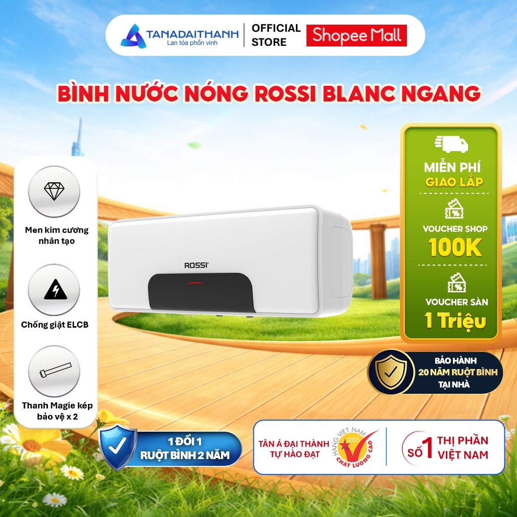 [GIAO LẮP TQ] Bình nóng lạnh gián tiếp Rossi Blanc Ngang (15/20/30 Lít) - Chính hãng, Bảo hành ruột 20 năm