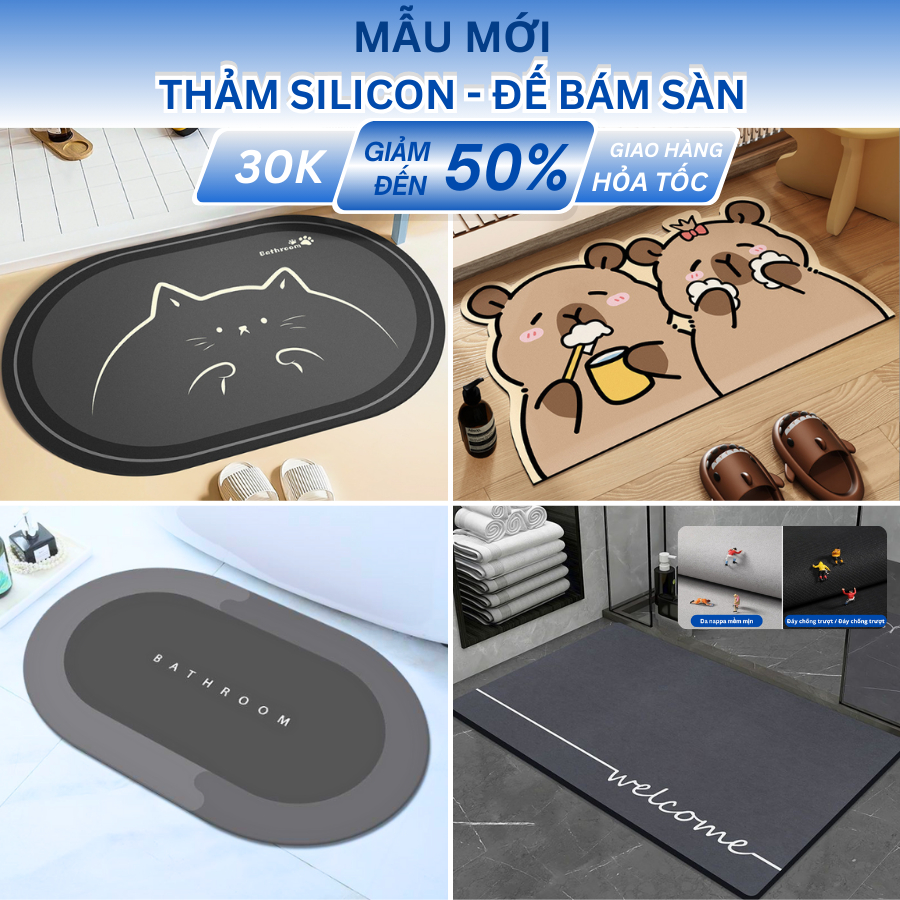 Thảm lau chân silicon 100 Mẫu Độc Quyền Thiết Kế 2025, Thảm Chùi Chân nỉ lì 40cmx60cm capybara trải sàn nhà bếp X04