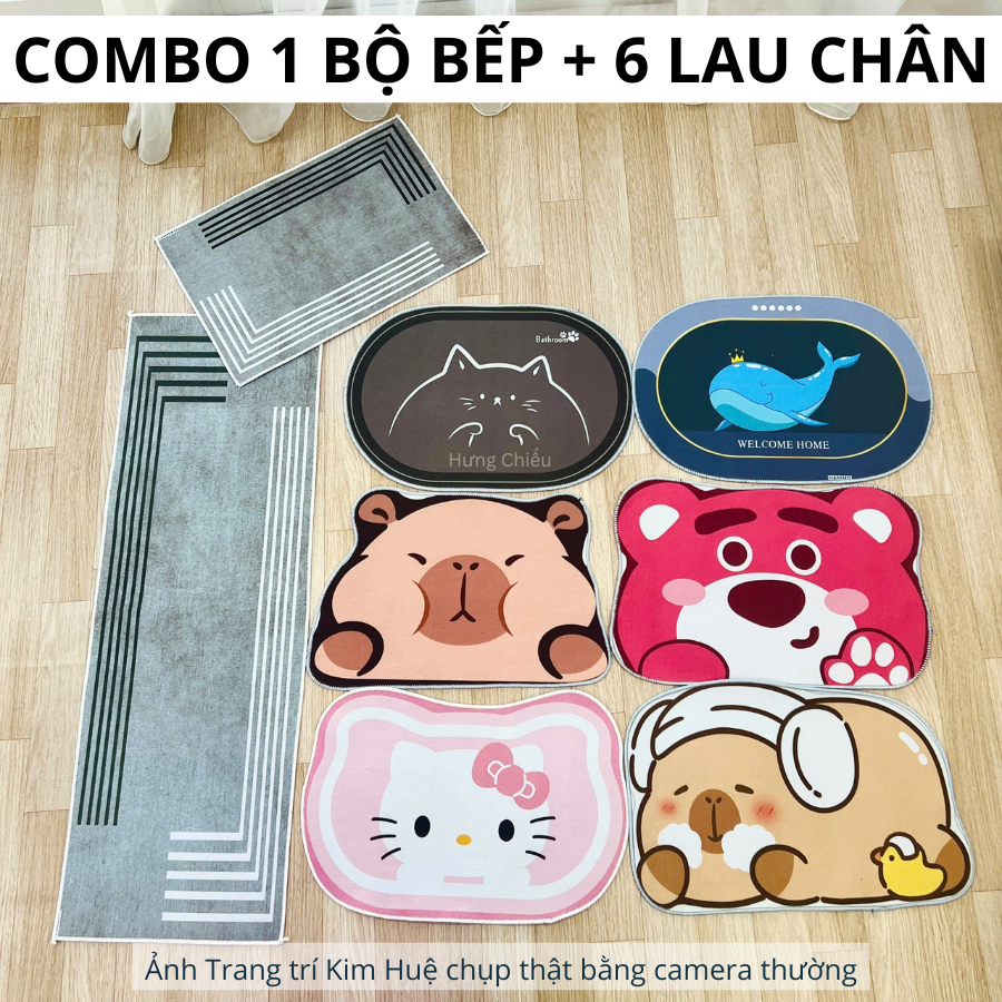 Combo bộ thảm bếp 2 tấm kèm 6 thảm lau chân bầu dục 3D bali nỉ lì trải sàn bếp, nhà tắm X02