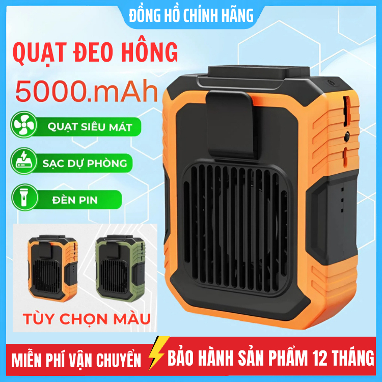 Quạt Đeo Thắt Lưng, Kiêm Quạt Đeo Cổ Kèm Sạc Dự Phòng, Đèn Pin, 3 Cấp Độ Gió Siêu Mát, Siêu Tiện Dụng