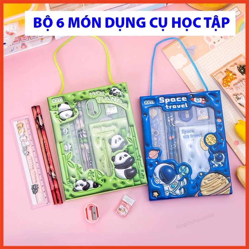 Bộ Dụng Cụ Học Tập 6 Món Hộp Giấy Có Quai Xách dễ Thương, Gồm 2 Bút Chì + Tẩy + Thước Kẻ + Gọt Bút Chì + Sổ Ghi Chép