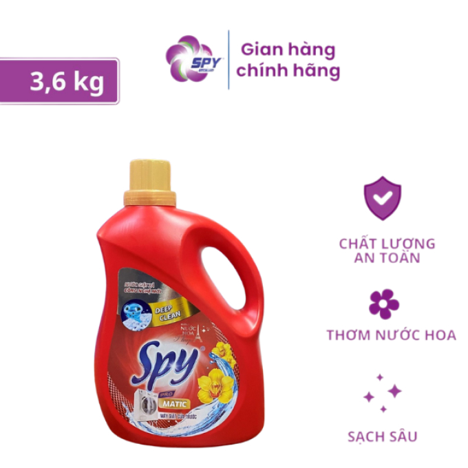 Nước Giặt SPY Deep Clean Matic Hương Đỏ, Công Nghệ Giặt Sạch Sâu, Lưu Hương Bền Lâu, Can 3.6kg
