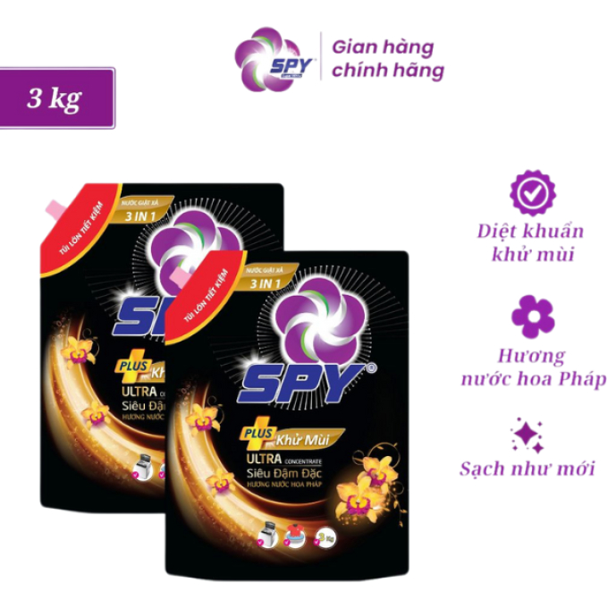 Nước Giặt SPY Plus 3 Trong 1 Siêu Đậm Đặc, Sạch Sâu, Lưu Hương Bền Lâu, Chai 3kg