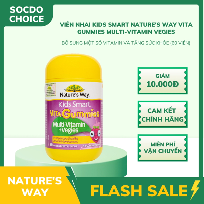 Viên nhai Kids Smart Nature's Way Vita Gummies Multi-vitamin Vegies bổ sung một số vitamin và tăng sức khỏe (60 viên)